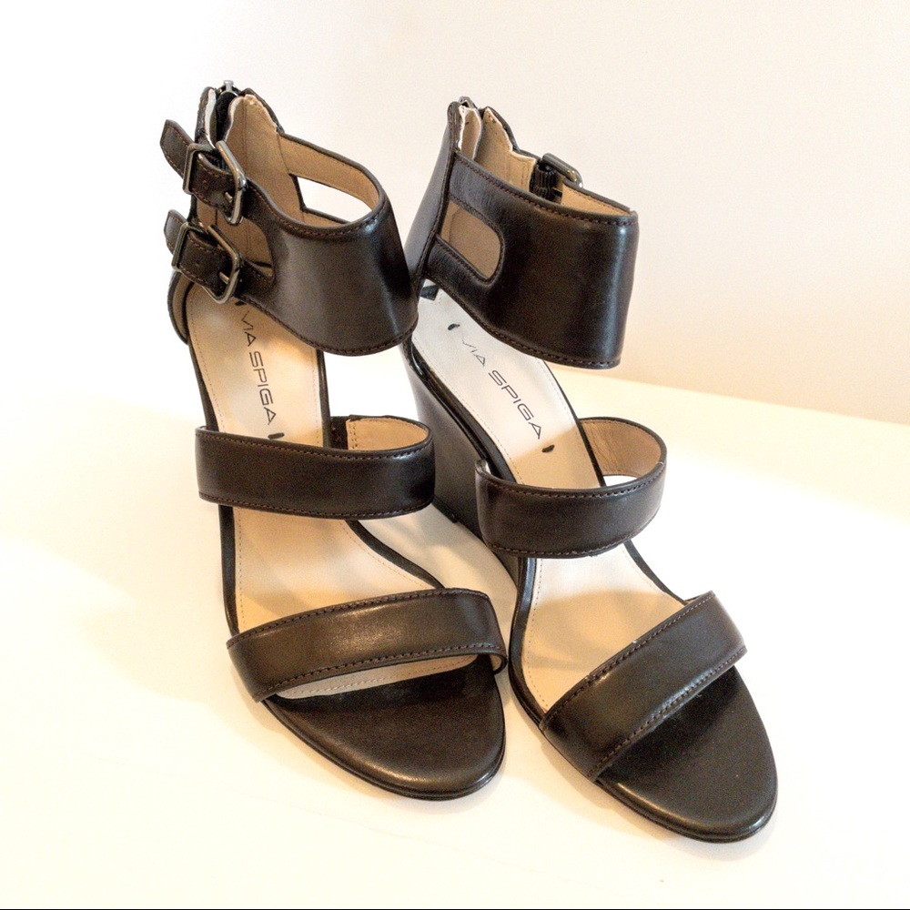 SOLD!! || VIA SPIGA | CHOCOLATE BROWN LEATHER WEDGE SANDALS